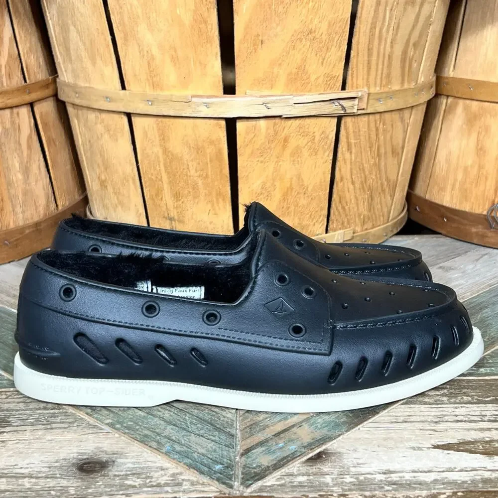 Sperry A/O Float Cozy Black Rubber Faux Fur Lined Slip-On Boat Shoes Men Size 10